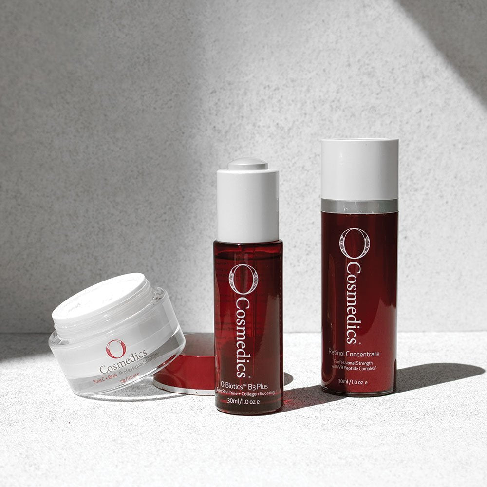 O Cosmedics Pure C + BHA, B3 Plus and Retinol Concentrate in sunlight